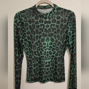 Green Leopard Print Mesh Top